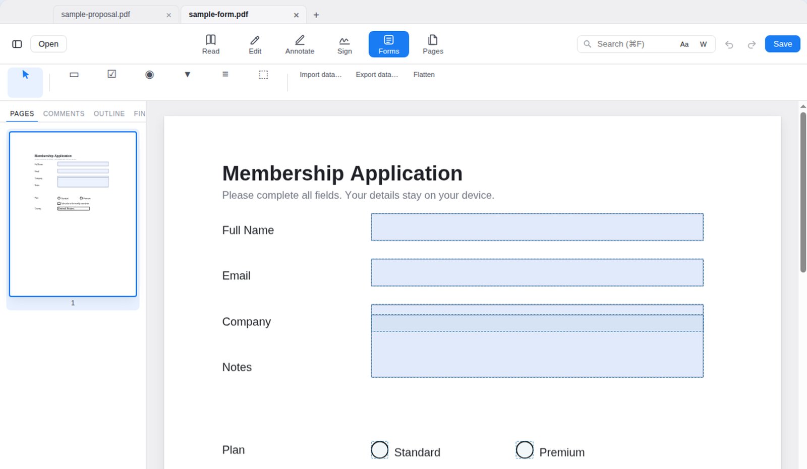 A membership application form with fillable fields highlighted in VARAK's Forms mode