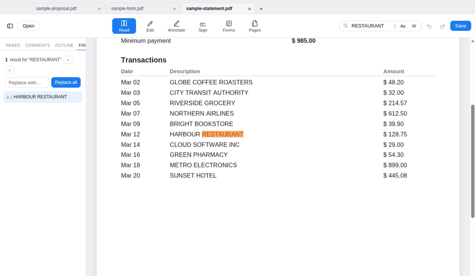 Find panel showing a match highlighted in a card statement, with Replace all available